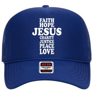 Faith Hope Jesus Charity Peace Love Word Cross High Crown Mesh Back Trucker Hat