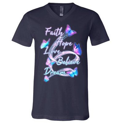 Faith Hope Love Believe Dream - Butterflies V-Neck T-Shirt