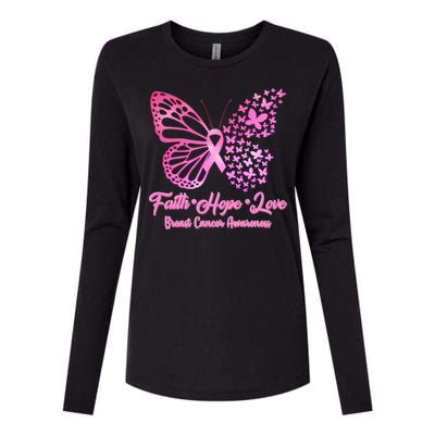 Faith Hope Love Breast Cancer Awareness Butterflies Womens Cotton Relaxed Long Sleeve T-Shirt