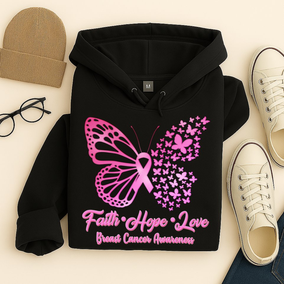 Faith Hope Love Breast Cancer Awareness Butterflies Hoodie
