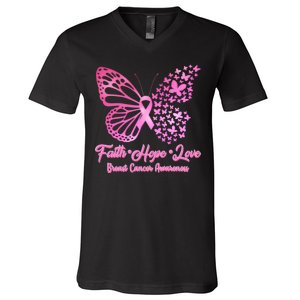 Faith Hope Love Breast Cancer Awareness Butterflies V-Neck T-Shirt