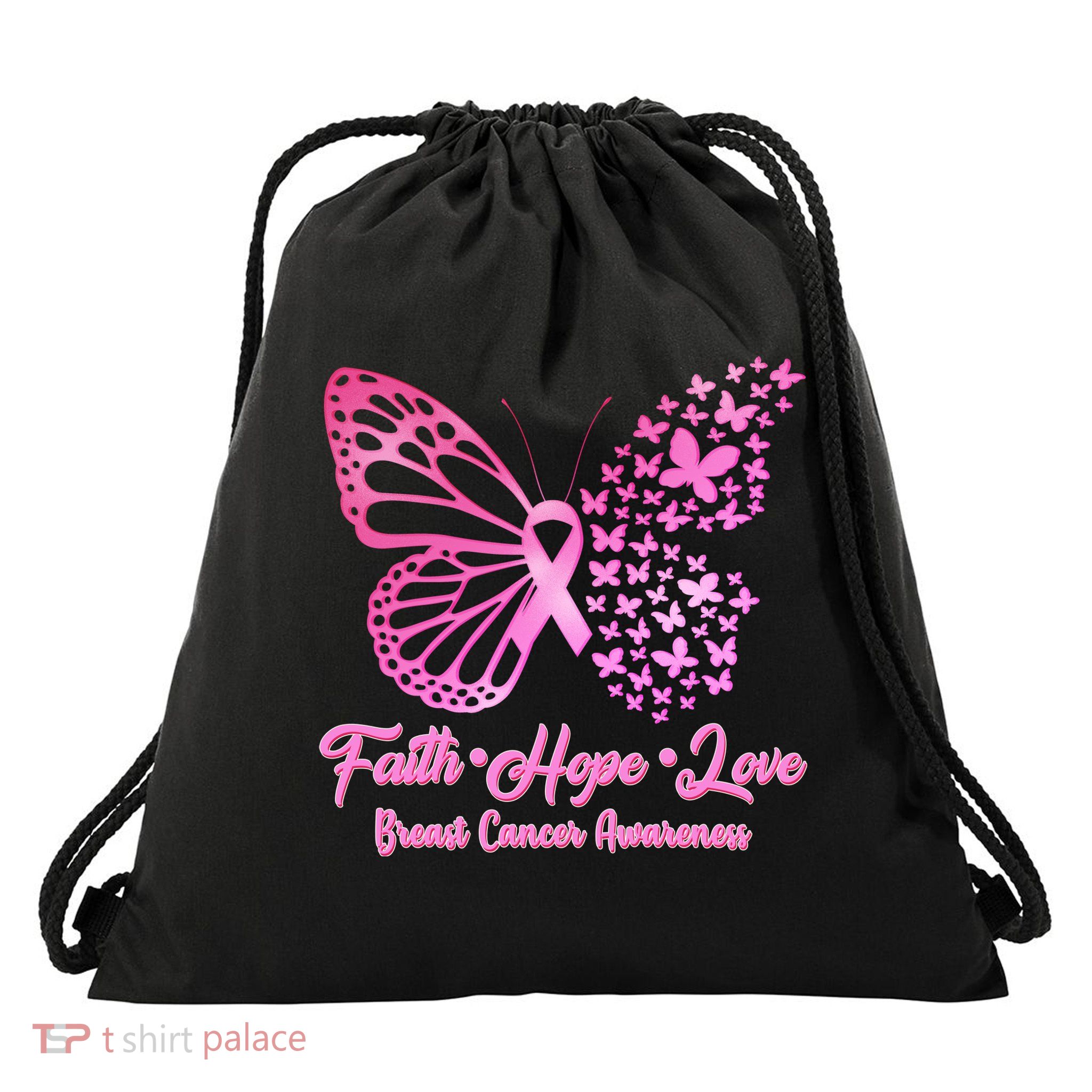 Faith Hope Love Breast Cancer Awareness Butterflies Drawstring Bag