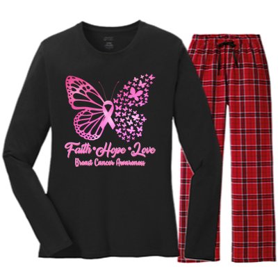 Faith Hope Love Breast Cancer Awareness Butterflies Women's Long Sleeve Flannel Pajama Set 