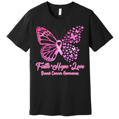 Faith Hope Love Breast Cancer Awareness Butterflies Premium T-Shirt