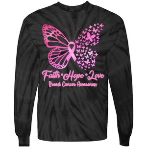 Faith Hope Love Breast Cancer Awareness Butterflies Tie-Dye Long Sleeve Shirt