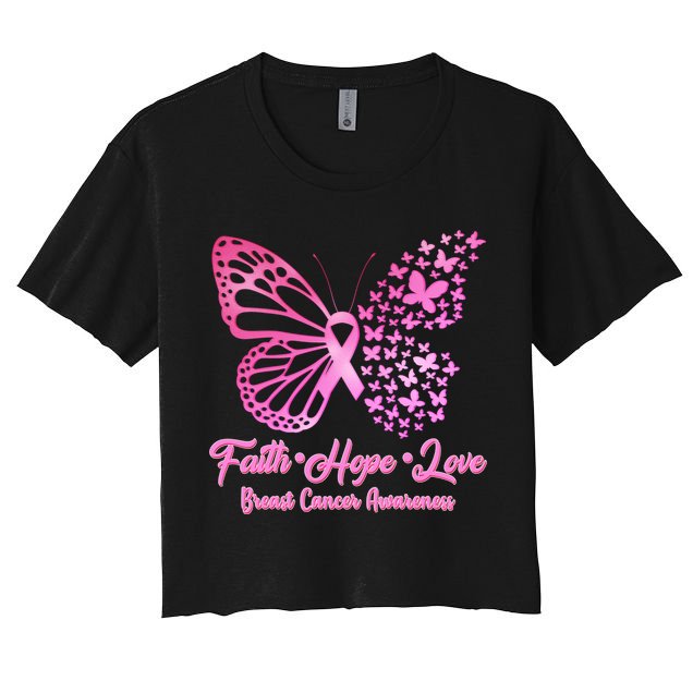 Faith Hope Love Breast Cancer Awareness Butterflies Crop Top