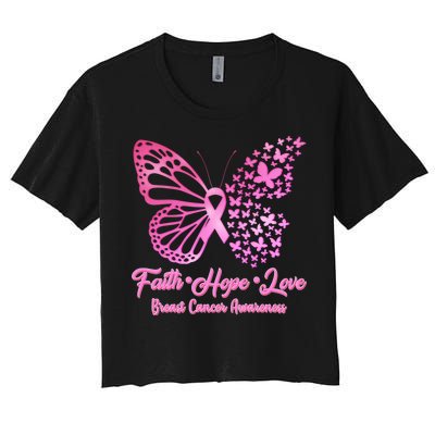 Faith Hope Love Breast Cancer Awareness Butterflies Women's Crop Top Tee