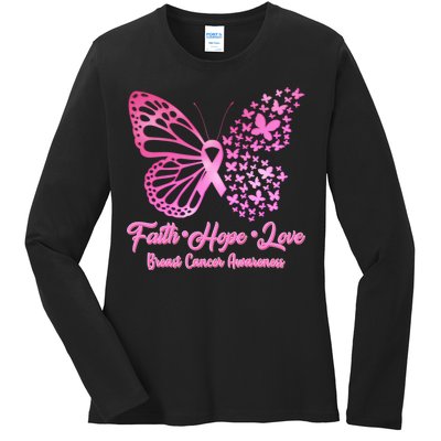 Faith Hope Love Breast Cancer Awareness Butterflies Ladies Long Sleeve Shirt