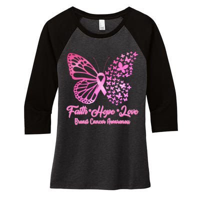 Faith Hope Love Breast Cancer Awareness Butterflies Women's Tri-Blend 3/4-Sleeve Raglan Shirt