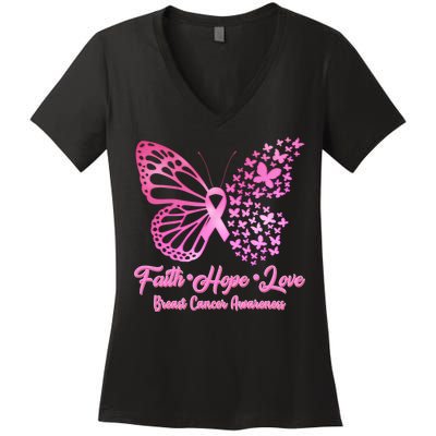 Faith Hope Love Breast Cancer Awareness Butterflies Women's V-Neck T-Shirt