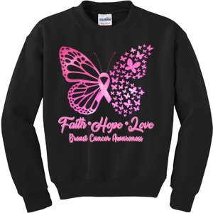 Faith Hope Love Breast Cancer Awareness Butterflies Kids Sweatshirt