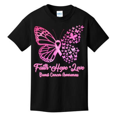 Faith Hope Love Breast Cancer Awareness Butterflies Kids T-Shirt