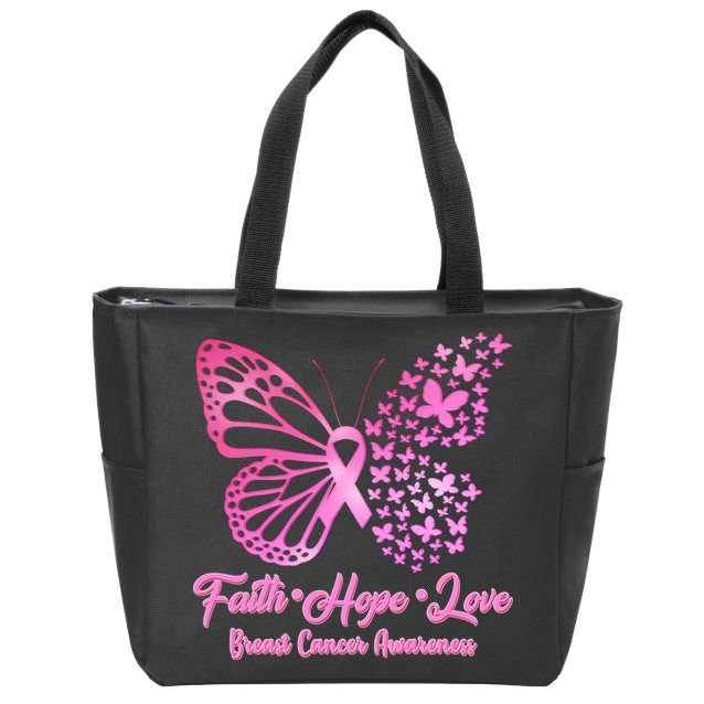 Faith Hope Love Breast Cancer Awareness Butterflies Zip Tote Bag