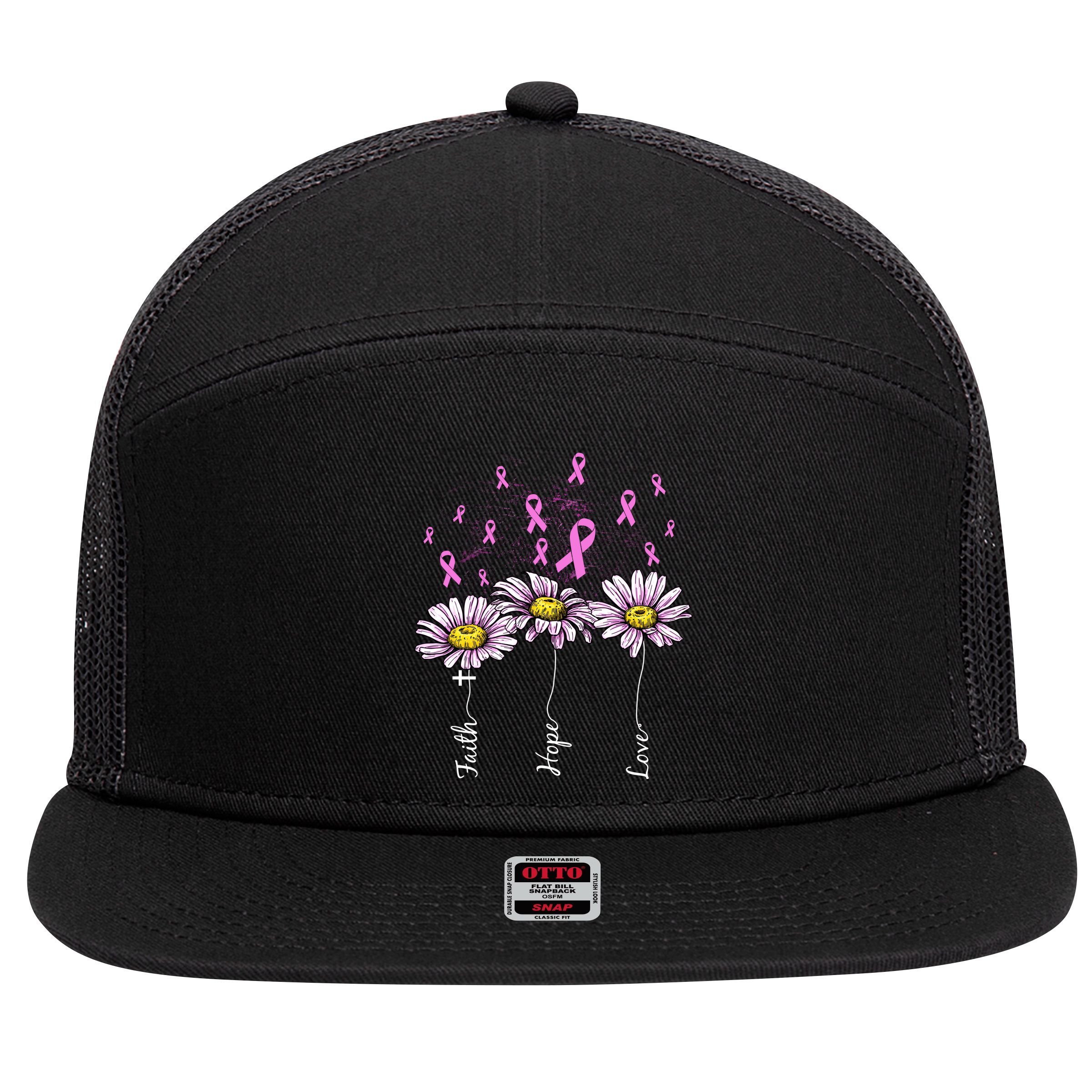 Faith Hope Love Breast Cancer Awareness Floral 7 Panel Mesh Trucker Snapback Hat