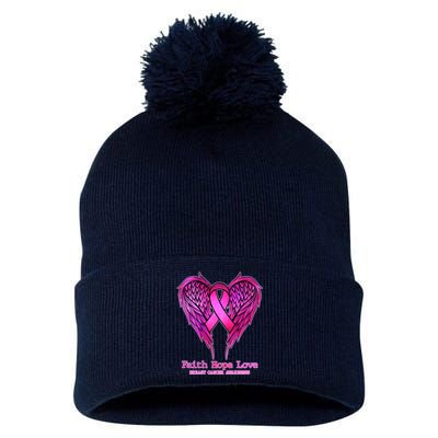 Faith Hope Love Breast Cancer Awareness Galaxy Wings Pom Pom 12in Knit Beanie