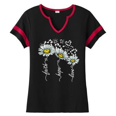 Faith Hope Love Butterflies Daisies Religious Ladies Halftime Notch Neck Tee