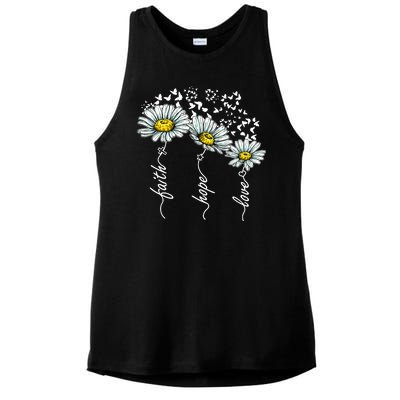 Faith Hope Love Butterflies Daisies Religious Ladies PosiCharge Tri-Blend Wicking Tank