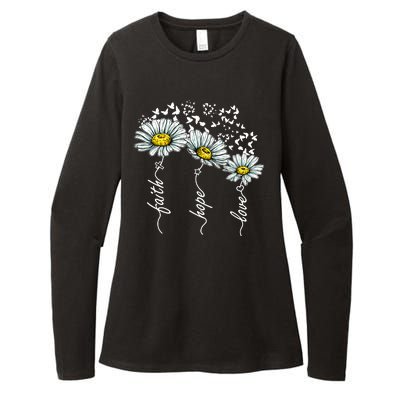 Faith Hope Love Butterflies Daisies Religious Womens CVC Long Sleeve Shirt