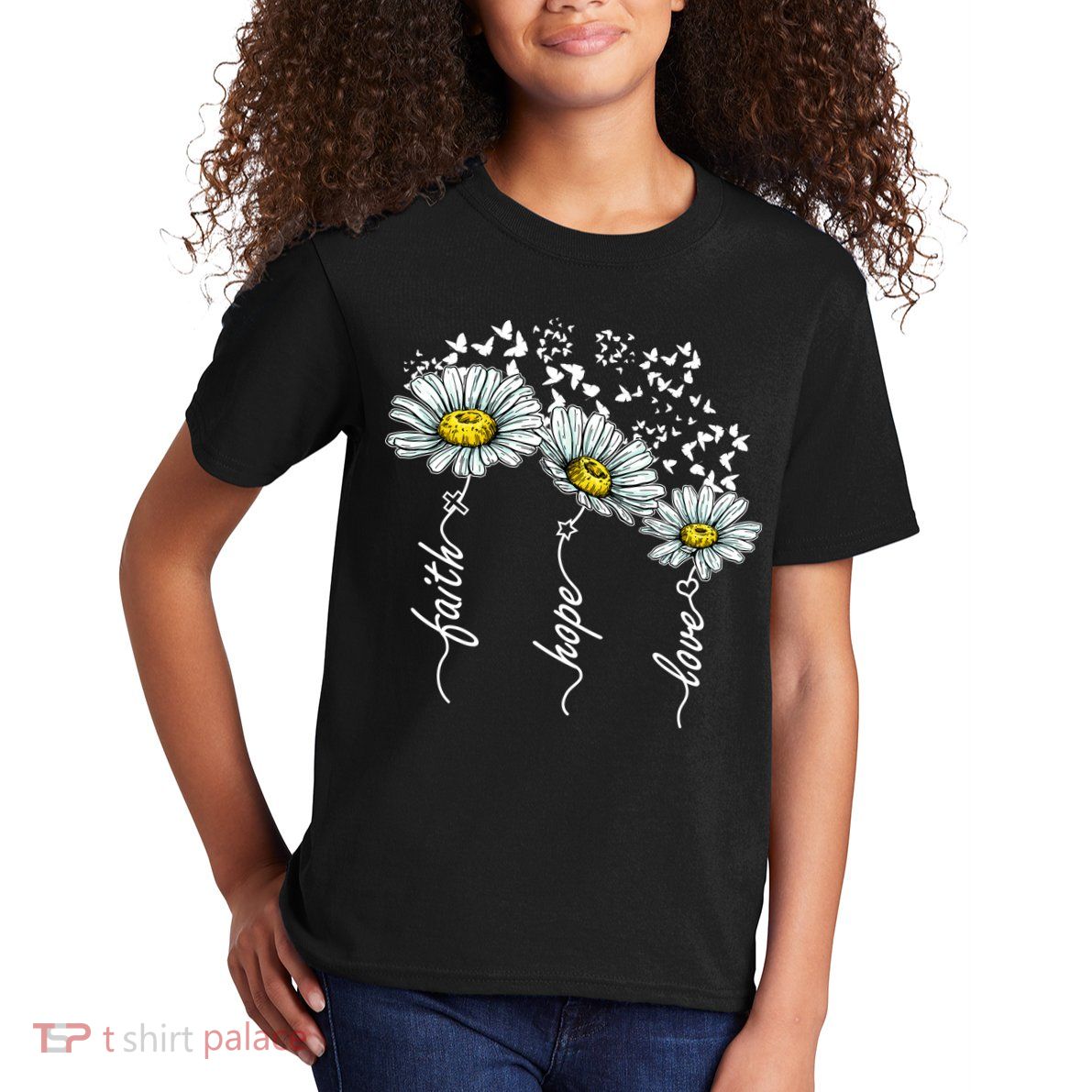 Faith Hope Love Butterflies Daisies Religious Kids T-Shirt
