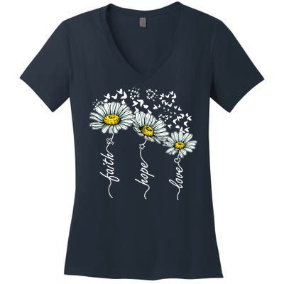 Faith Hope Love Butterflies Daisies Religious Women's V-Neck T-Shirt