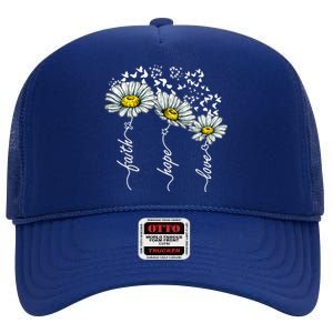 Faith Hope Love Butterflies Daisies Religious High Crown Mesh Back Trucker Hat