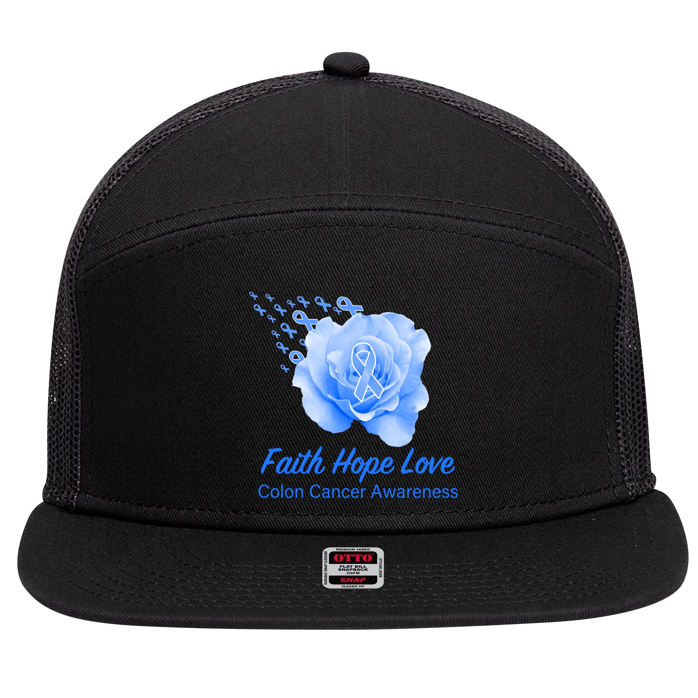 Faith Hope Love Colon Cancer Awareness 7 Panel Mesh Trucker Snapback Hat