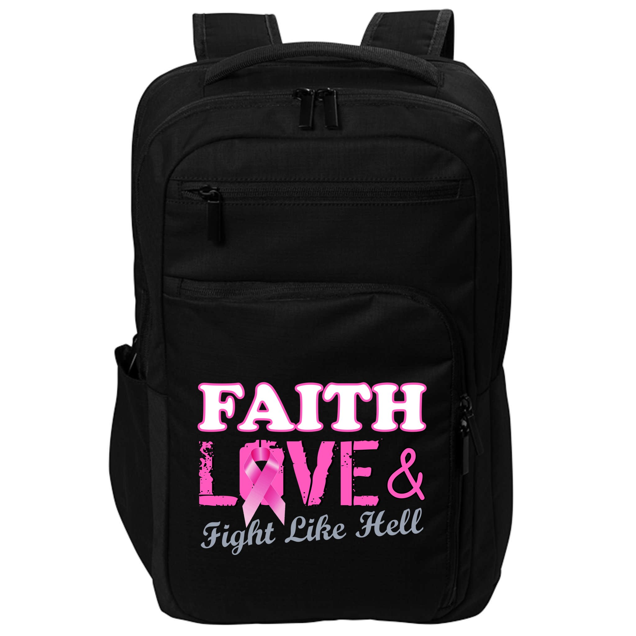 Faith Love & Fight Like Hell Ribbon Breast Cancer Impact Tech Backpack