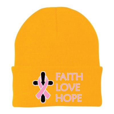 Faith Love Hope Breast Cancer Ribbon Cross Knit Cap Winter Beanie