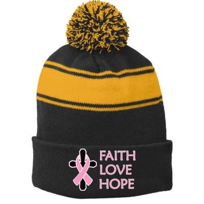 Faith Love Hope Breast Cancer Ribbon Cross Stripe Pom Pom Beanie