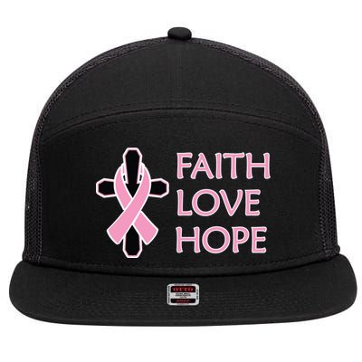 Faith Love Hope Breast Cancer Ribbon Cross 7 Panel Mesh Trucker Snapback Hat