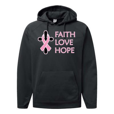 Faith Love Hope Breast Cancer Ribbon Cross Performance Fleece Hoodie