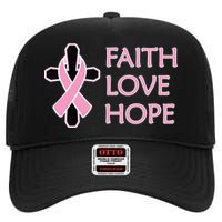 Faith Love Hope Breast Cancer Ribbon Cross High Crown Mesh Back Trucker Hat