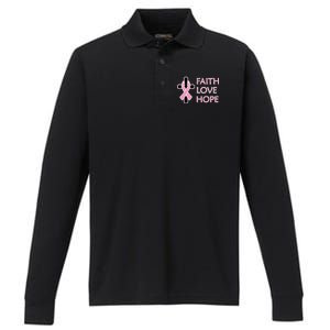 Faith Love Hope Breast Cancer Ribbon Cross Performance Long Sleeve Polo