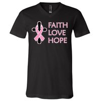 Faith Love Hope Breast Cancer Ribbon Cross V-Neck T-Shirt