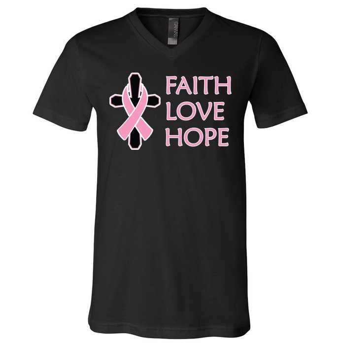 Faith Love Hope Breast Cancer Ribbon Cross V-Neck T-Shirt