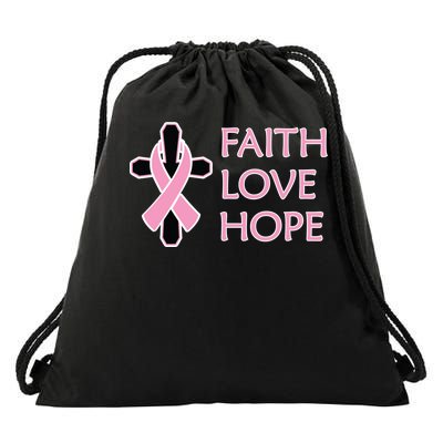 Faith Love Hope Breast Cancer Ribbon Cross Drawstring Bag