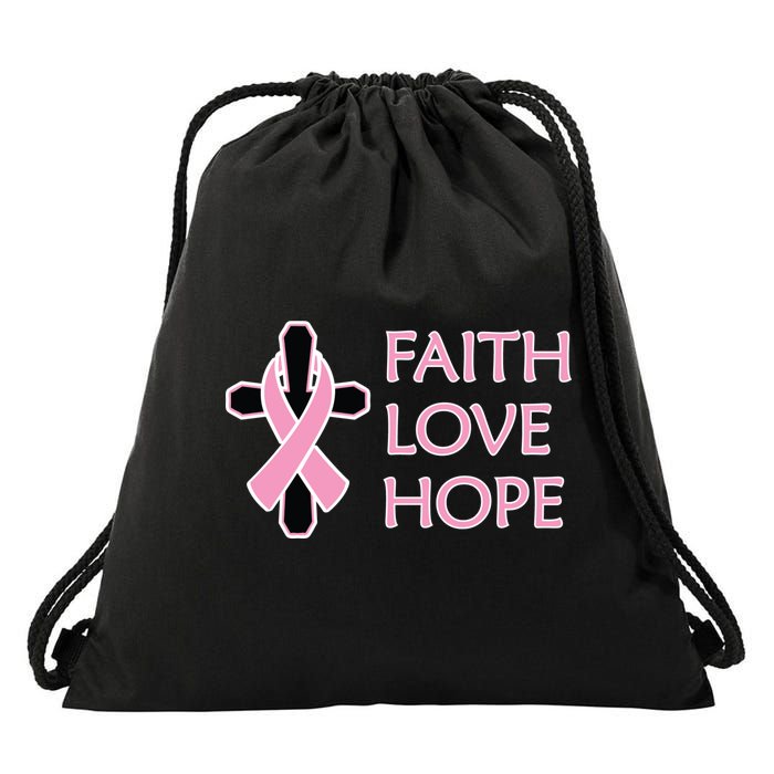 Faith Love Hope Breast Cancer Ribbon Cross Drawstring Bag