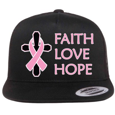 Faith Love Hope Breast Cancer Ribbon Cross Flat Bill Trucker Hat