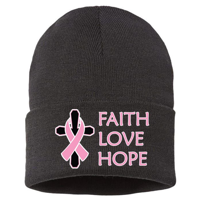 Faith Love Hope Breast Cancer Ribbon Cross Sustainable Knit Beanie