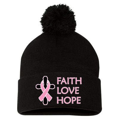 Faith Love Hope Breast Cancer Ribbon Cross Pom Pom 12in Knit Beanie