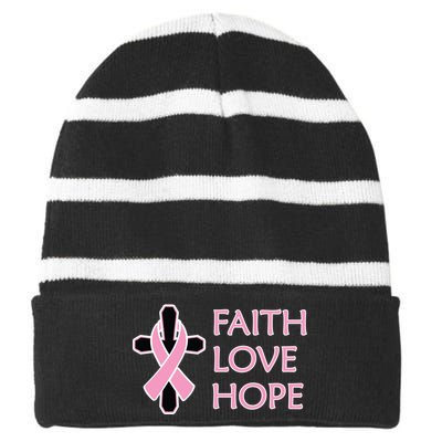 Faith Love Hope Breast Cancer Ribbon Cross Striped Beanie with Solid Band