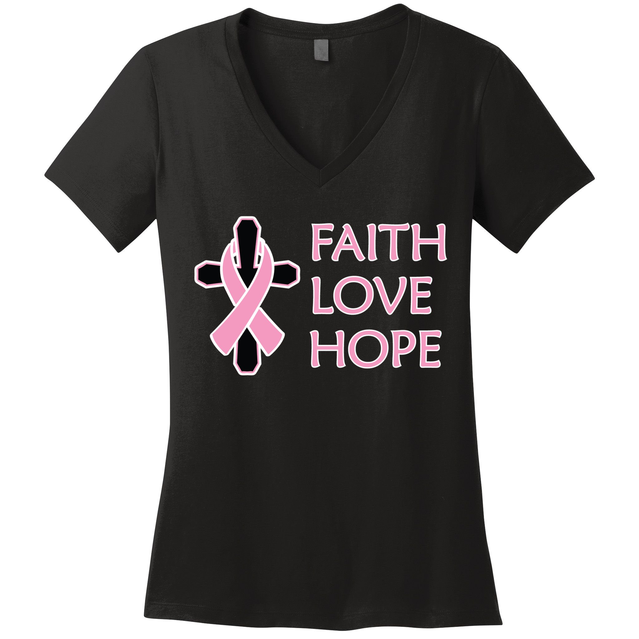 Faith Love Hope Breast Cancer Ribbon Cross Women's V-Neck T-Shirt