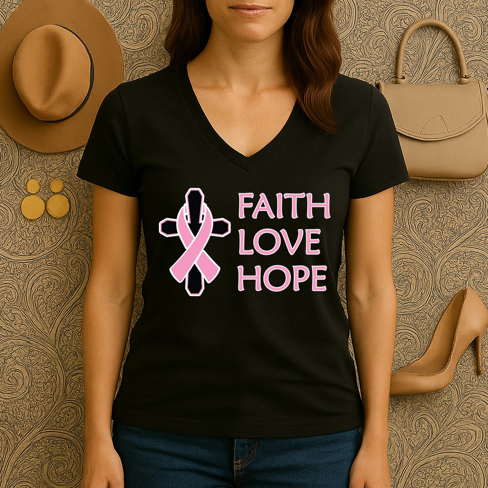 Faith Love Hope Breast Cancer Ribbon Cross Women's V-Neck T-Shirt