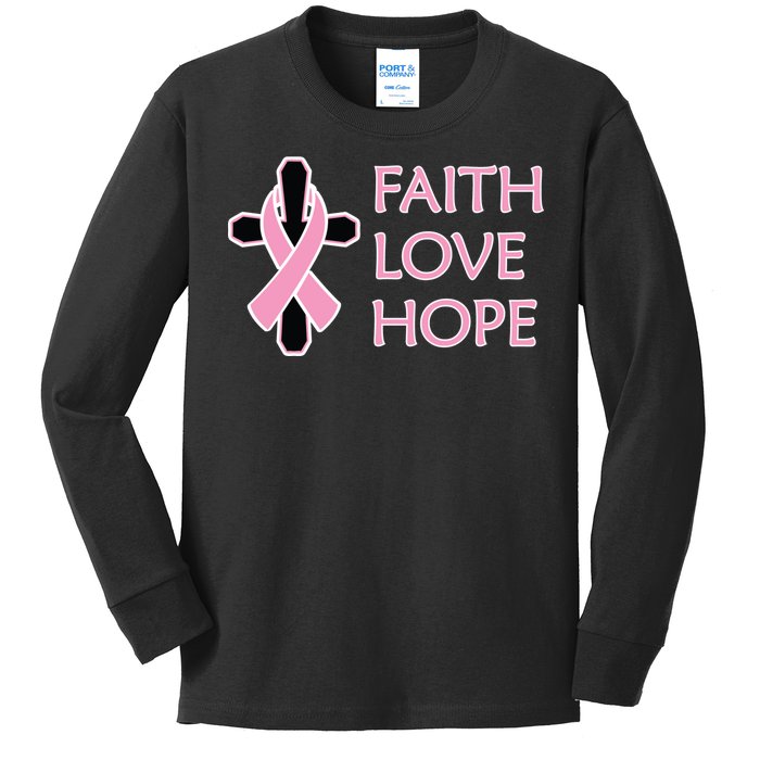 Faith Love Hope Breast Cancer Ribbon Cross Kids Long Sleeve Shirt