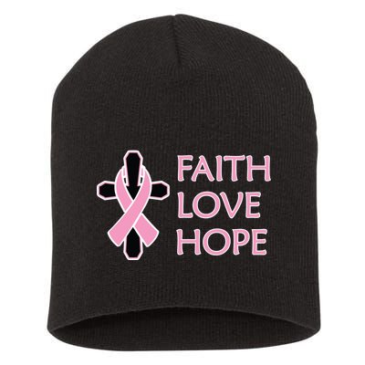 Faith Love Hope Breast Cancer Ribbon Cross Short Acrylic Beanie