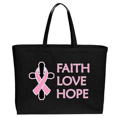 Faith Love Hope Breast Cancer Ribbon Cross Cotton Canvas Jumbo Tote