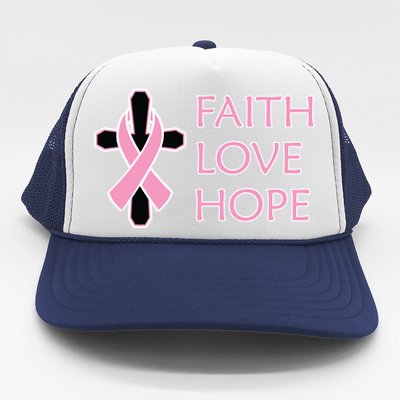 Faith Love Hope Breast Cancer Ribbon Cross Trucker Hat