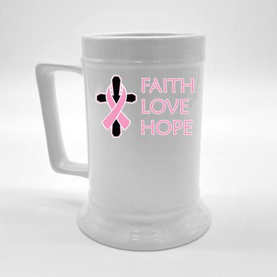 Faith Love Hope Breast Cancer Ribbon Cross Beer Stein