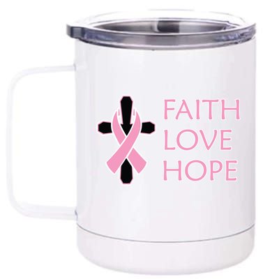 Faith Love Hope Breast Cancer Ribbon Cross 12 oz Stainless Steel Tumbler Cup