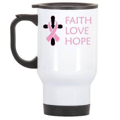 Faith Love Hope Breast Cancer Ribbon Cross Stainless Steel Travel Mug